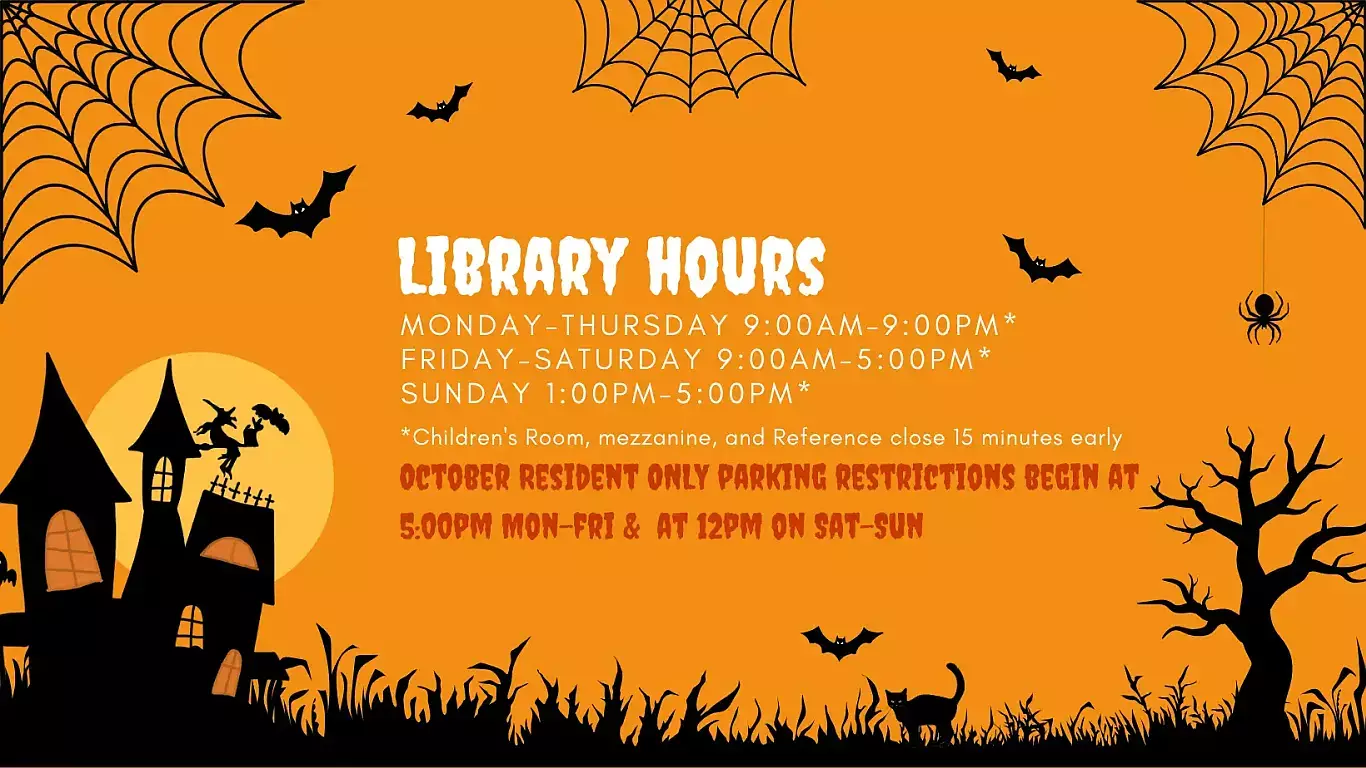 2024 October Library Hours and Parking slide image